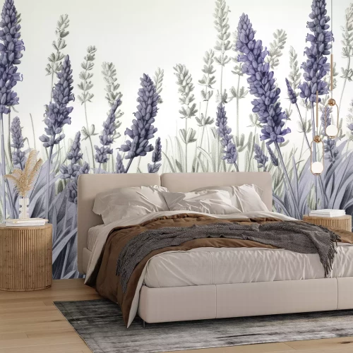 Fotobehang Een open plek met lavendel in grijsachtige kleuren