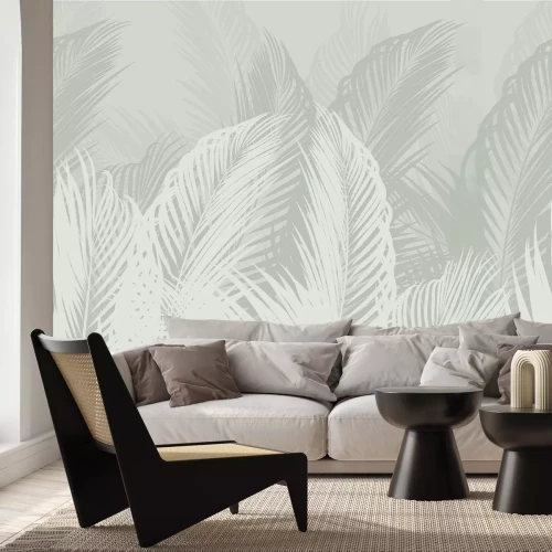 Fotobehang Palmbomen op een lichte achtergrond met een exotisch patroon