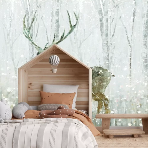 Fotobehang Winterbos met een hert op de achtergrond