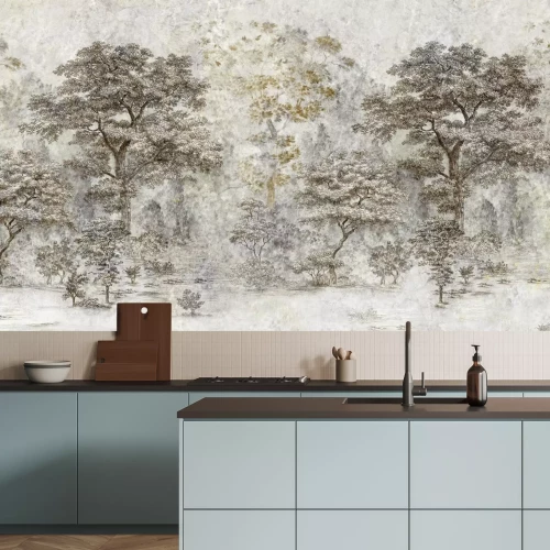 Fotobehang Boslandschap met bomen op steen