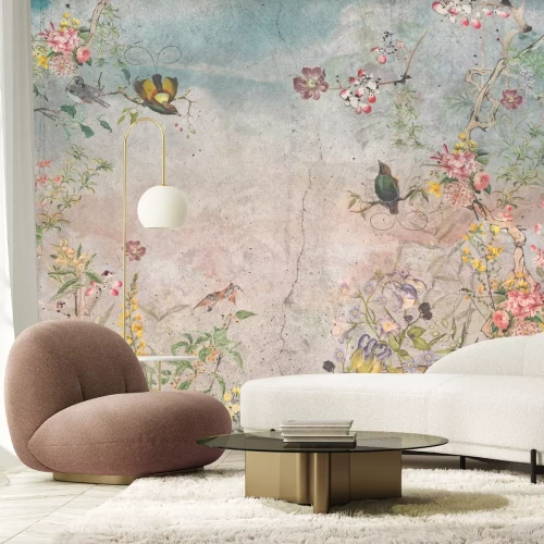 Fotobehang Botanische samenstelling van bloemen en vogels