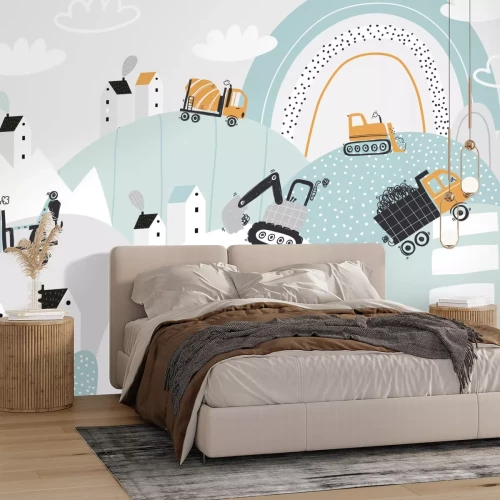 Fotobehang Bouwmachines op de heuvels tussen de wolken