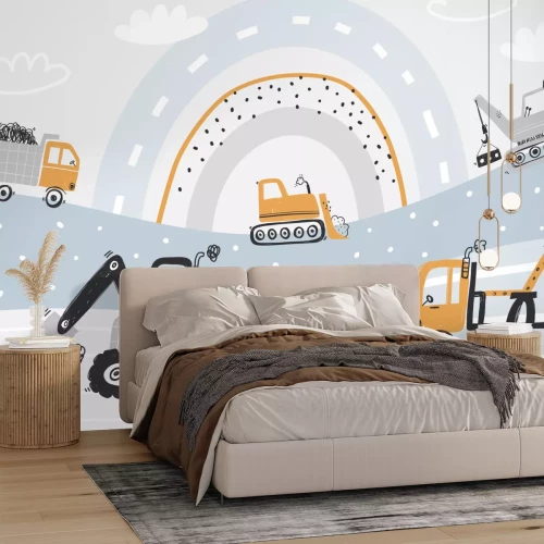 Fotobehang Bouwvrachtwagens tegen een abstracte regenboogachtergrond