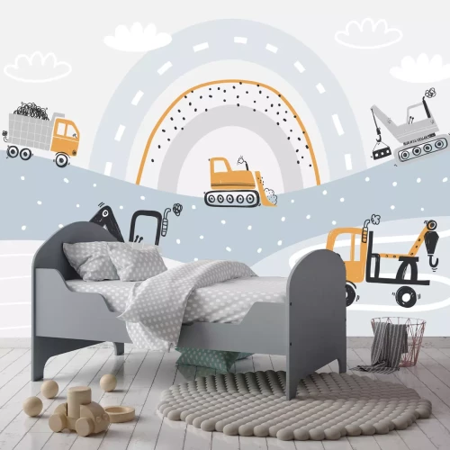 Fotobehang Bouwvrachtwagens tegen een abstracte regenboogachtergrond