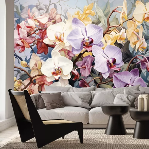 Fotobehang Weelderige tropische vegetatie met kleurrijke bloemen