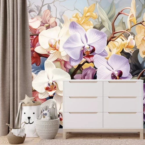 Fotobehang Weelderige tropische vegetatie met kleurrijke bloemen