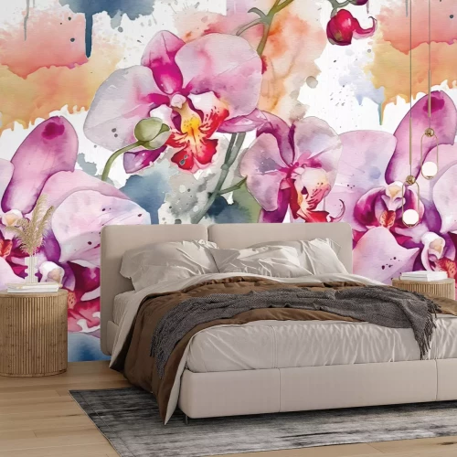 Fotobehang Aquarel orchideeënbladeren en bloemen