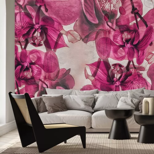 Fotobehang Ruimtelijk geschilderde orchideeën op de muur