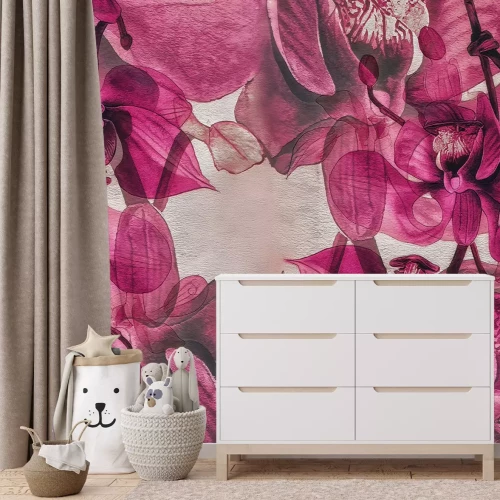 Fotobehang Ruimtelijk geschilderde orchideeën op de muur