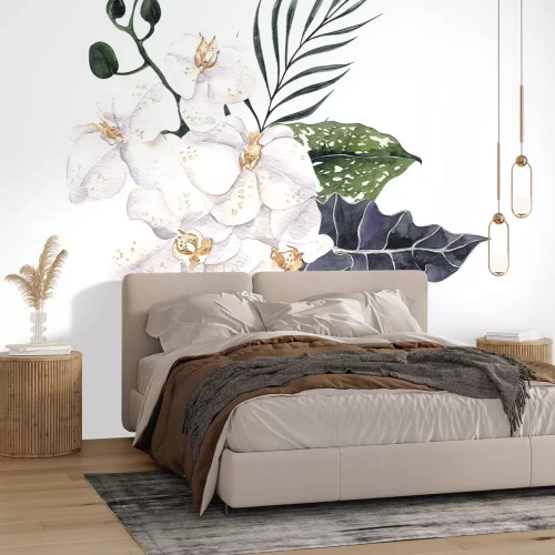 Fotobehang Witte orchideeën tussen groene bladeren