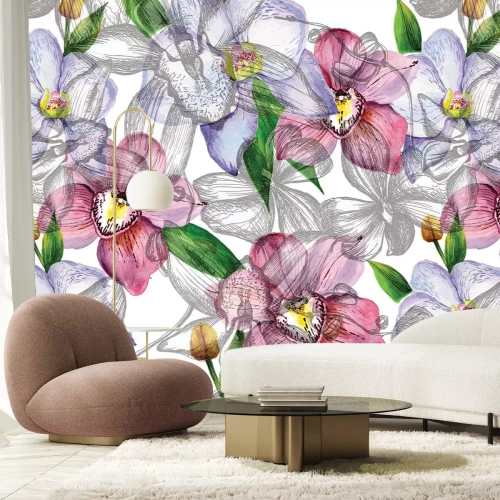 Fotobehang Kleurrijke handgetekende orchideeën in een artistieke stijl