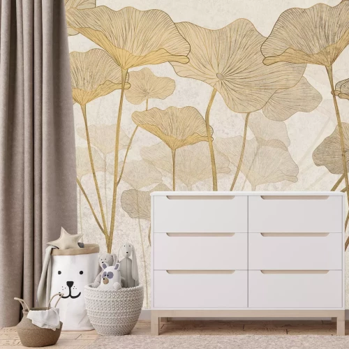 Fotobehang Decoratieve grote bladeren in een glamoureuze stijl