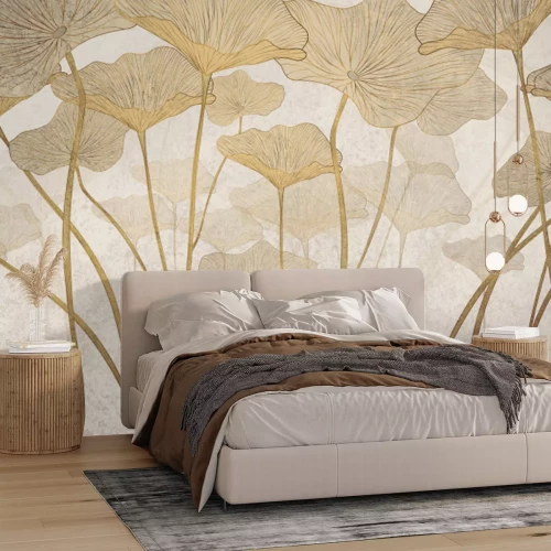 Fotobehang Decoratieve grote bladeren in een glamoureuze stijl