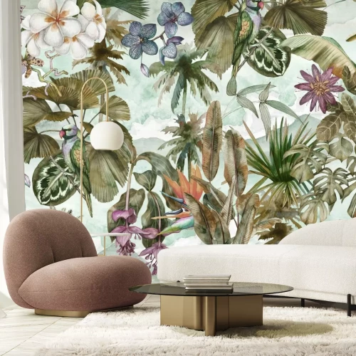 Fotobehang Een kleurrijke papegaai tussen bladeren en bloemen