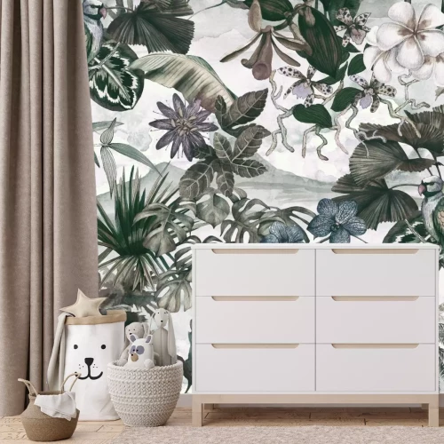 Fotobehang Bladeren en bloemen in een retro-jungle