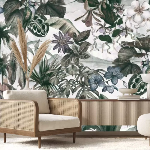 Fotobehang Bladeren en bloemen in een retro-jungle