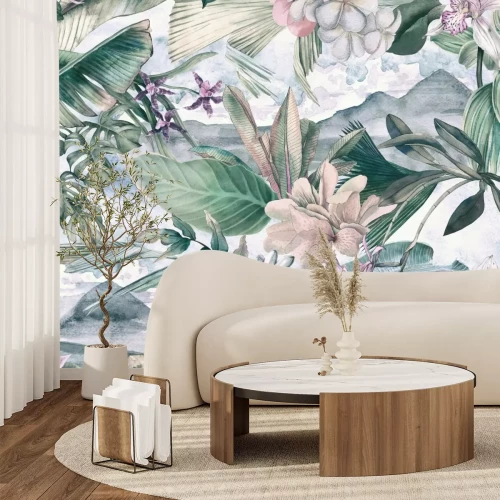 Fotobehang Kleurrijke bloemen met tropische bladeren