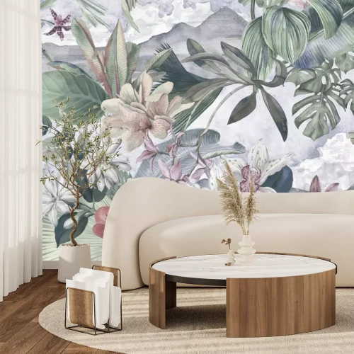 Fotobehang Orchideeën tussen tropische vegetatie