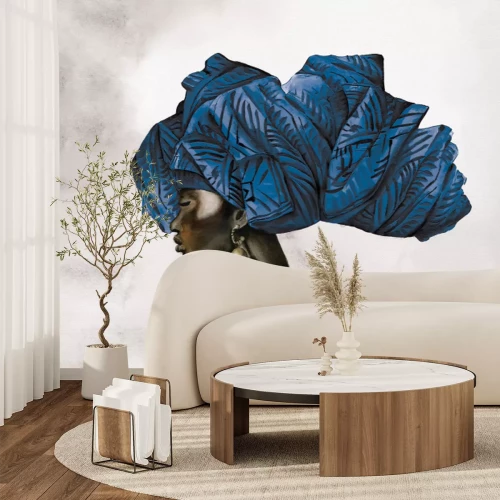 Fotobehang Een Afrikaanse vrouw met een blauwe tulband op haar hoofd