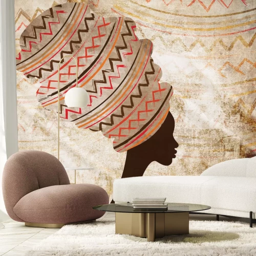 Fotobehang Silhouet van een vrouw met een Afrikaanse hoofdtooi