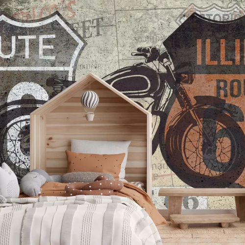 Fotobehang Een zwarte motorfiets voor de borden Route 66 en Illinois.