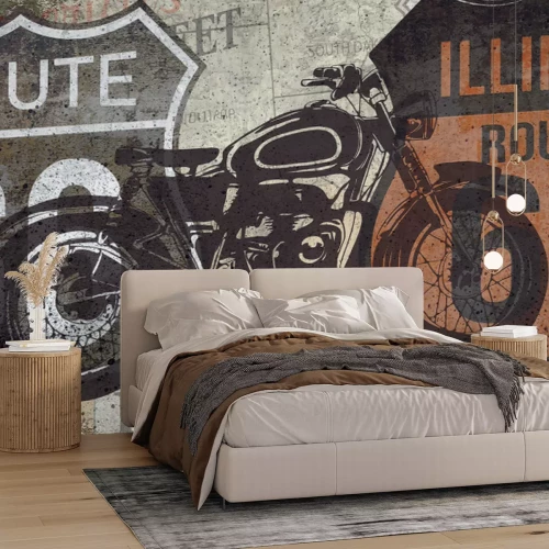 Fotobehang Een zwarte motorfiets voor de borden Route 66 en Illinois.