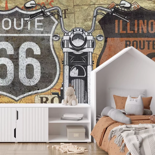 Fotobehang Een motorfiets voor de borden van Route 66 en Illinois Route 66