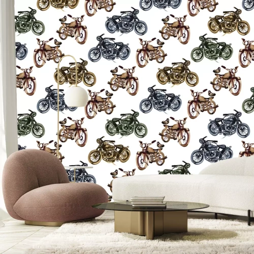 Fotobehang Kleurrijk retro motorfietspatroon op witte achtergrond