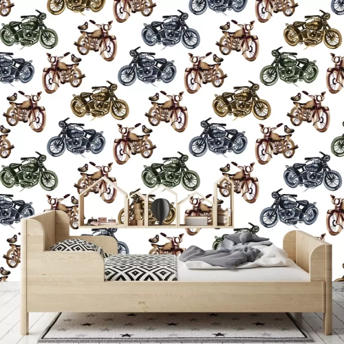 Fotobehang Kleurrijk retro motorfietspatroon op witte achtergrond