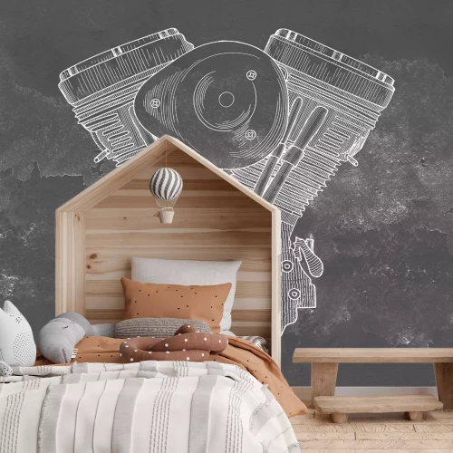 Fotobehang Technische stijltekening van een motorfietsmotor