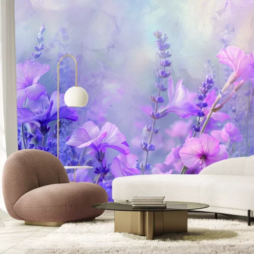 Fotobehang Roze bloemen en lavendel in de weide