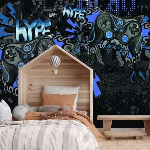 Fotobehang Zwart-blauwe graffiti met gamethema