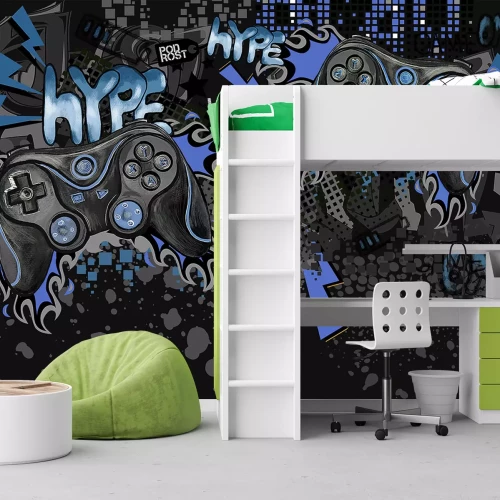 Fotobehang Zwart-blauwe graffiti met gamethema