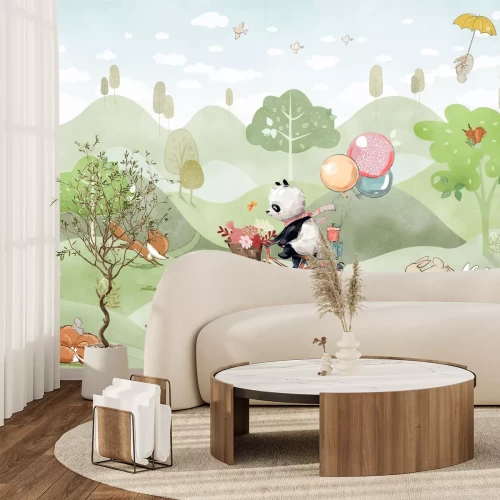 Fotobehang Panda op de fiets in een weiland met vossen