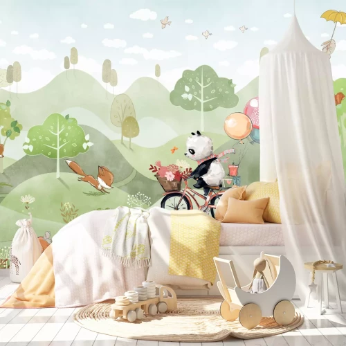 Fotobehang Panda op de fiets in een weiland met vossen