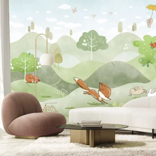 Fotobehang Sprookjesachtige vossen rennen over de heuvels