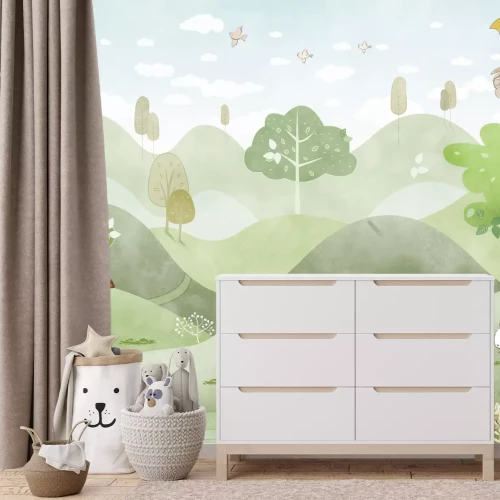 Fotobehang Sprookjesachtige vossen rennen over de heuvels