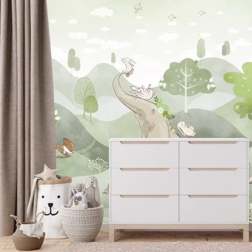 Fotobehang Olifant en vos op de groene heuvels