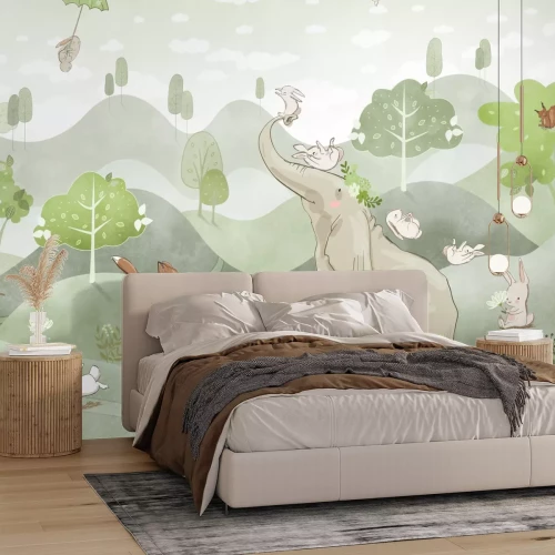 Fotobehang Olifant en vos op de groene heuvels