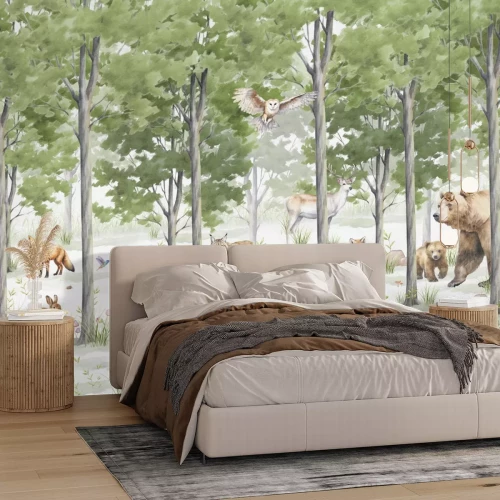 Fotobehang Boslandschap met wilde dieren