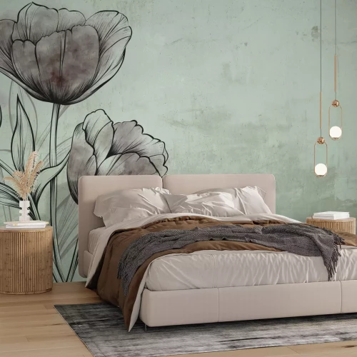 Fotobehang Een kleurrijke schets van tulpen op een betonnen muur.