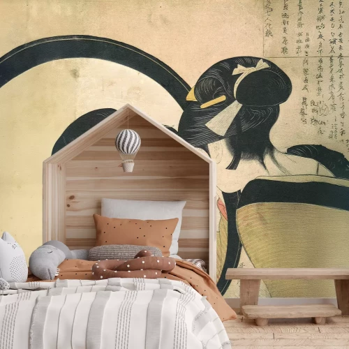 Fotobehang Een vrouw uit Japan weerspiegeld in een spiegel