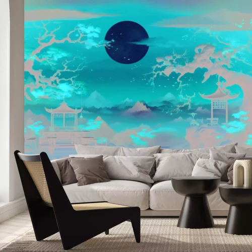 Fotobehang Landschap met Aziatische elementen bij zonsondergang