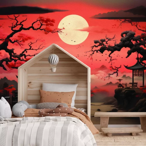 Fotobehang Landschap met Aziatische elementen bij zonsondergang