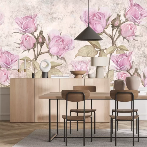 Fotobehang Roze rozenbloemen op een betonnen textuurachtergrond