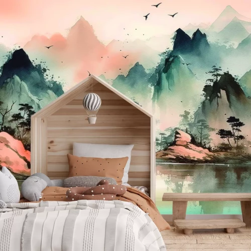 Fotobehang Een landschap van Aziatische bergen met een meer geschilderd in waterverf