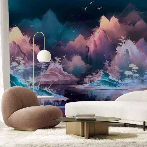 Fotobehang Een landschap van Aziatische bergen met een meer geschilderd in waterverf