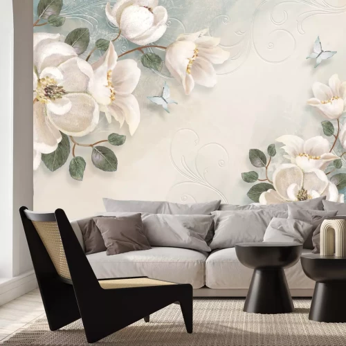 Fotobehang Witte bloemen en blauwe vlinders tussen de ornamenten