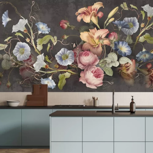 Fotobehang Kleurrijke bloemen op een donkere achtergrond