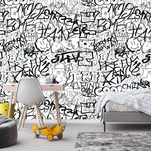 Fotobehang Graffiti met zwarte letters op een witte achtergrond